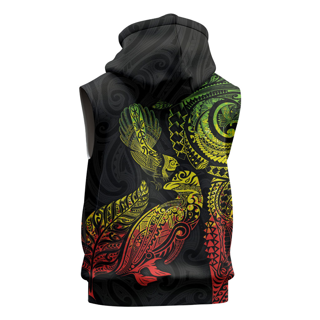 Aotearoa Moko Tribal Tattoo Sleeveless Zip Hoodie New Zealand Maori Penguin and Fantail Reggae Style LT03 - Polynesian Pride