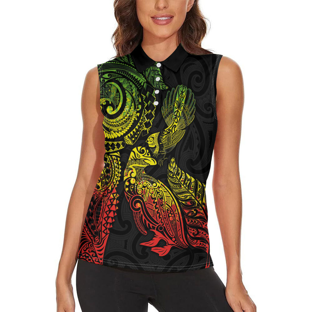 Aotearoa Moko Tribal Tattoo Women Sleeveless Polo Shirt New Zealand Maori Penguin and Fantail Reggae Style LT03 - Polynesian Pride