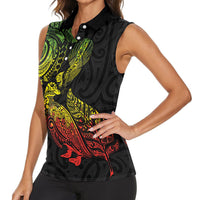 Aotearoa Moko Tribal Tattoo Women Sleeveless Polo Shirt New Zealand Maori Penguin and Fantail Reggae Style LT03 - Polynesian Pride