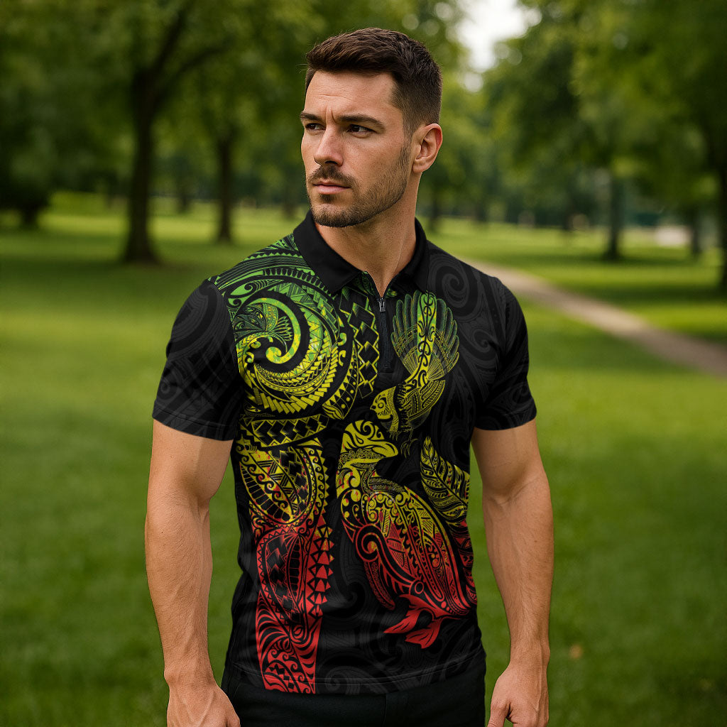 Aotearoa Moko Tribal Tattoo Zipper Polo Shirt New Zealand Maori Penguin and Fantail Reggae Style LT03 - Polynesian Pride