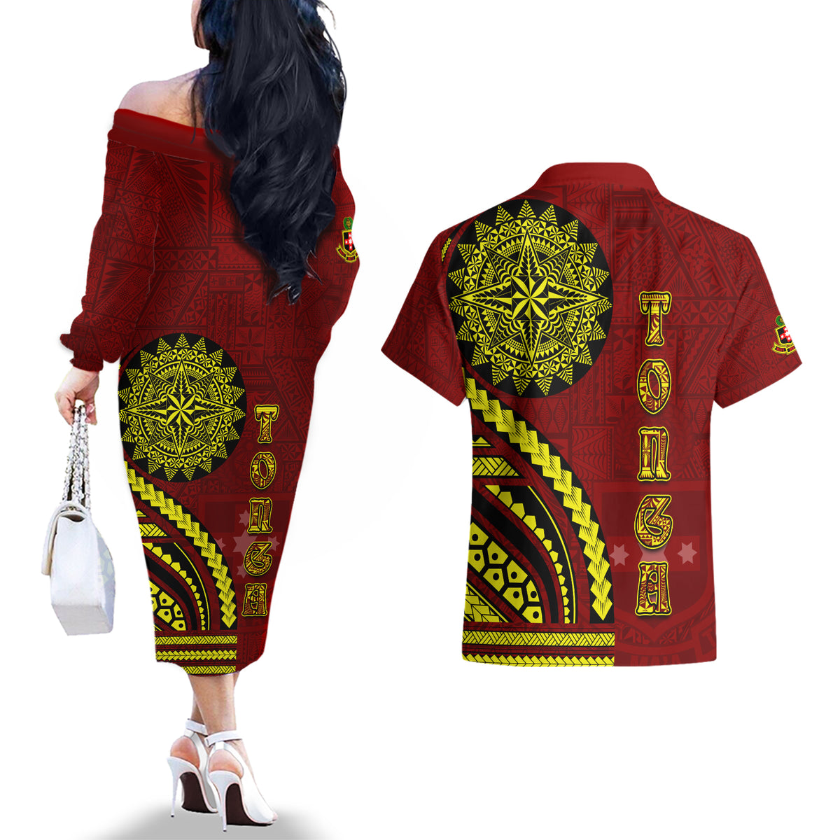 Kolisi Tonga Atele Couples Matching Off The Shoulder Long Sleeve Dress and Hawaiian Shirt Ngatu and Polynesian Pattern