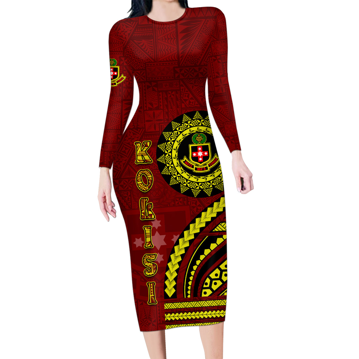 Kolisi Tonga Atele Family Matching Long Sleeve Bodycon Dress and Hawaiian Shirt Ngatu and Polynesian Pattern LT03 Mom's Dress Red - Polynesian Pride
