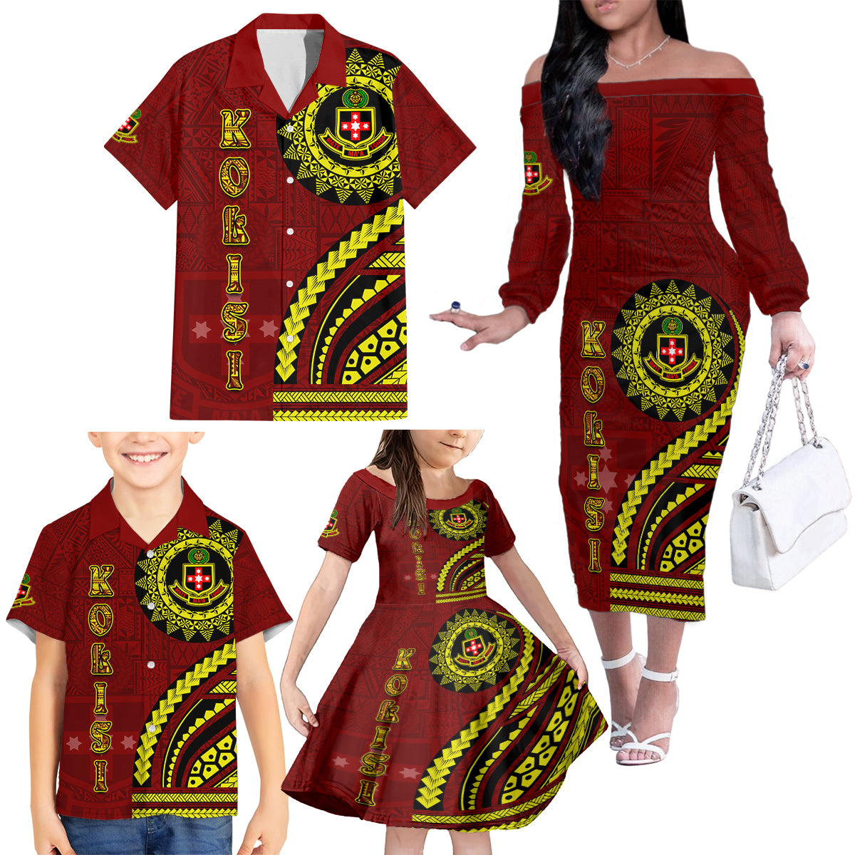 Kolisi Tonga Atele Family Matching Off The Shoulder Long Sleeve Dress and Hawaiian Shirt Ngatu and Polynesian Pattern LT03 - Polynesian Pride