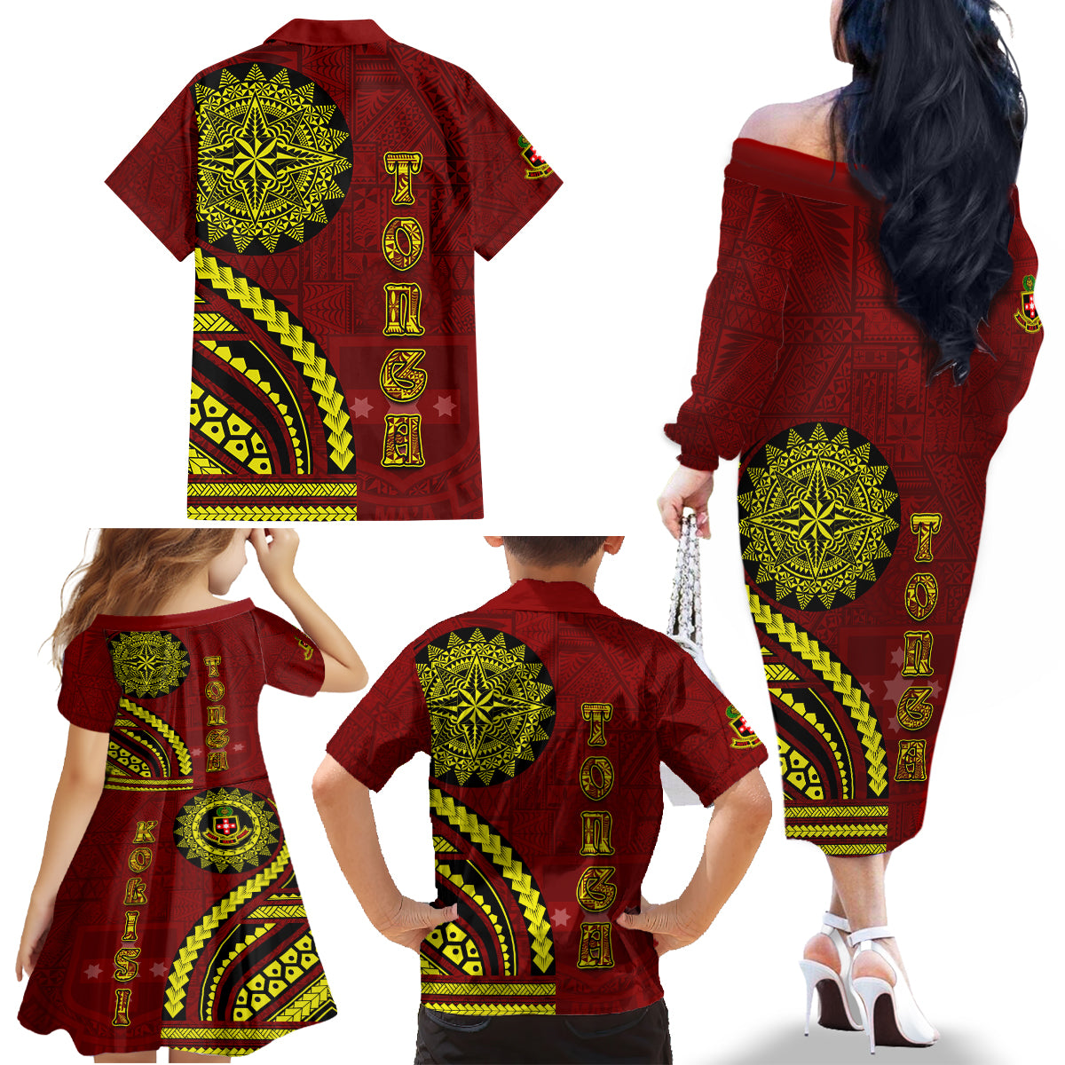 Kolisi Tonga Atele Family Matching Off The Shoulder Long Sleeve Dress and Hawaiian Shirt Ngatu and Polynesian Pattern LT03 - Polynesian Pride