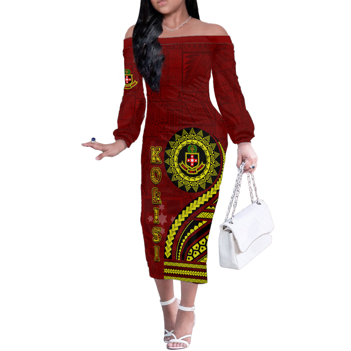 Kolisi Tonga Atele Family Matching Off The Shoulder Long Sleeve Dress and Hawaiian Shirt Ngatu and Polynesian Pattern LT03 Mom's Dress Red - Polynesian Pride