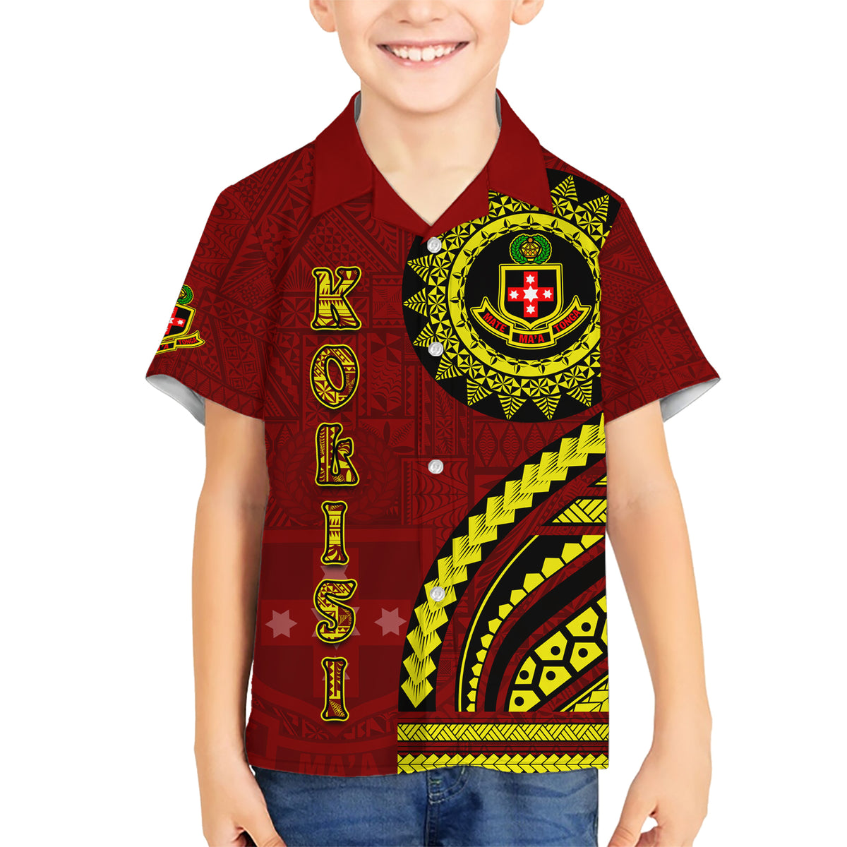 Kolisi Tonga Atele Family Matching Short Sleeve Bodycon Dress and Hawaiian Shirt Ngatu and Polynesian Pattern LT03 Son's Shirt Red - Polynesian Pride