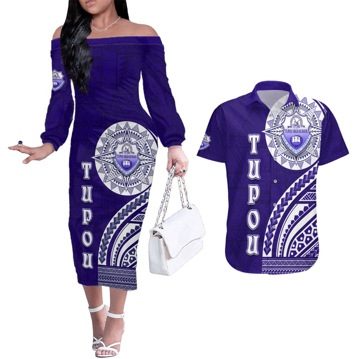 Tupou College Toloa Couples Matching Off The Shoulder Long Sleeve Dress and Hawaiian Shirt Ngatu and Polynesian Pattern LT03 Blue - Polynesian Pride