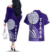 Tupou College Toloa Couples Matching Off The Shoulder Long Sleeve Dress and Hawaiian Shirt Ngatu and Polynesian Pattern LT03 - Polynesian Pride