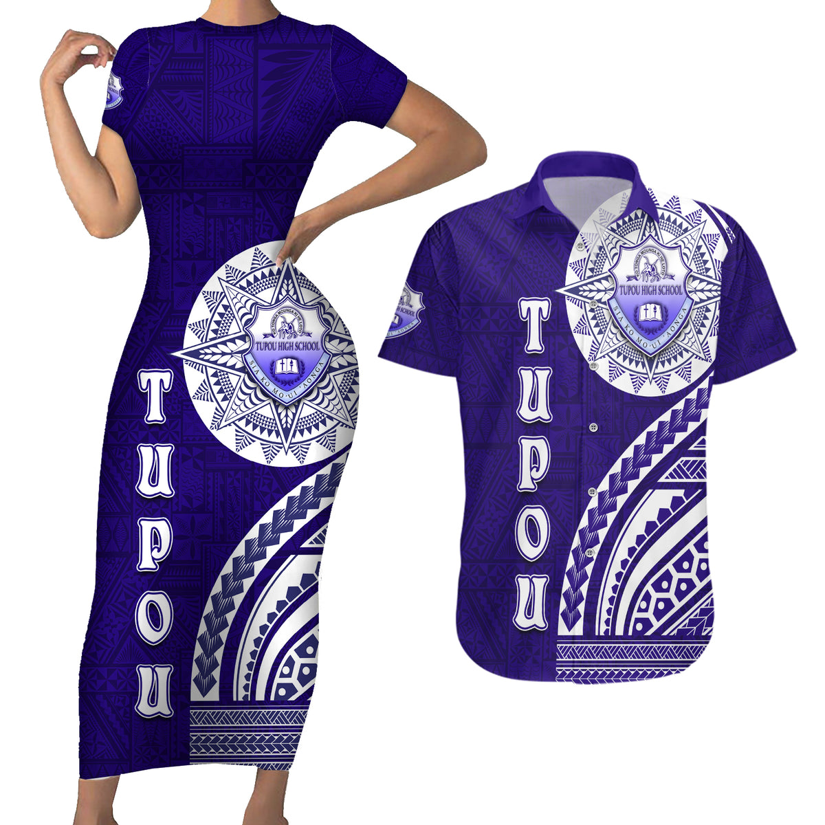 Tupou College Toloa Couples Matching Short Sleeve Bodycon Dress and Hawaiian Shirt Ngatu and Polynesian Pattern LT03 Blue - Polynesian Pride