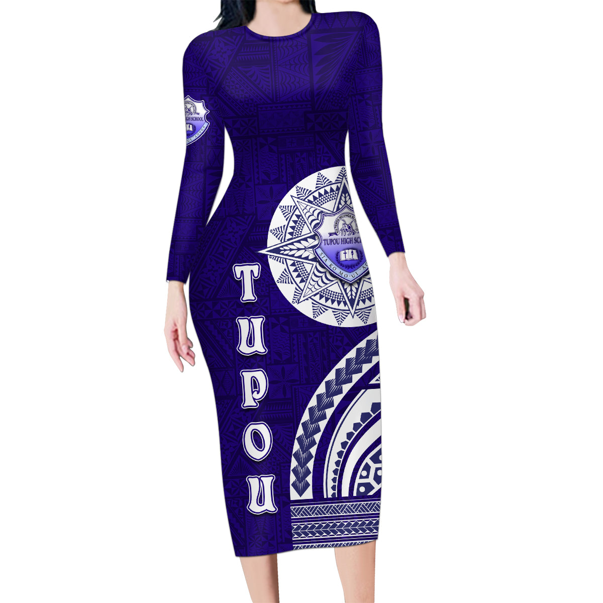Tupou College Toloa Family Matching Long Sleeve Bodycon Dress and Hawaiian Shirt Ngatu and Polynesian Pattern LT03 Mom's Dress Blue - Polynesian Pride