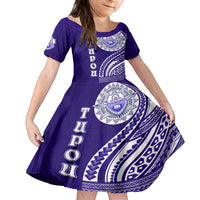 Tupou College Toloa Family Matching Off The Shoulder Long Sleeve Dress and Hawaiian Shirt Ngatu and Polynesian Pattern LT03 Daughter's Dress Blue - Polynesian Pride