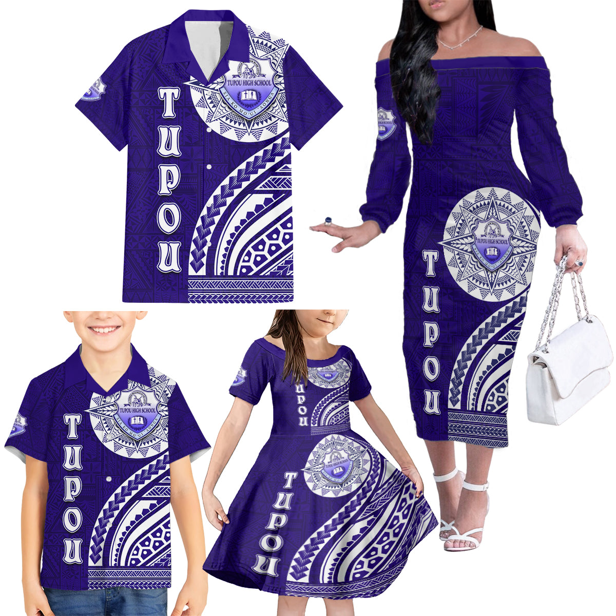Tupou College Toloa Family Matching Off The Shoulder Long Sleeve Dress and Hawaiian Shirt Ngatu and Polynesian Pattern LT03 - Polynesian Pride