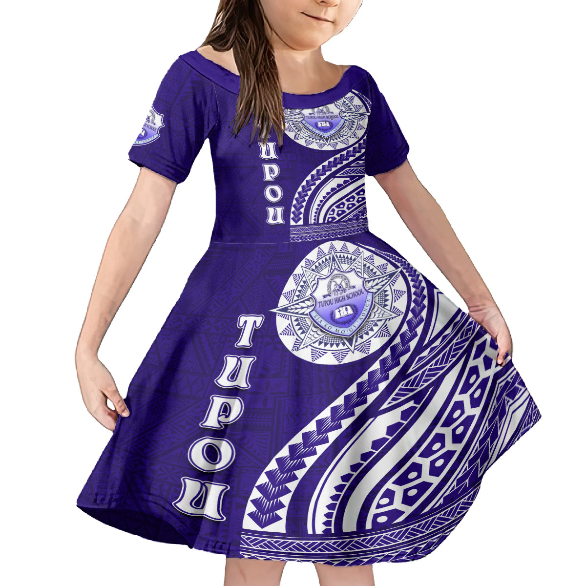 Tupou College Toloa Family Matching Off Shoulder Maxi Dress and Hawaiian Shirt Ngatu and Polynesian Pattern LT03 Daughter's Dress Blue - Polynesian Pride