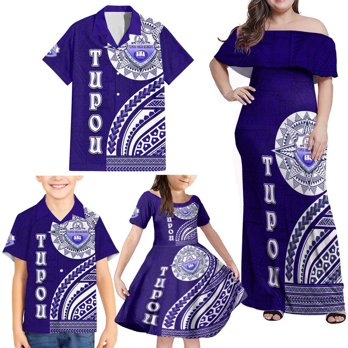 Tupou College Toloa Family Matching Off Shoulder Maxi Dress and Hawaiian Shirt Ngatu and Polynesian Pattern LT03 - Polynesian Pride