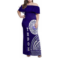 Tupou College Toloa Family Matching Off Shoulder Maxi Dress and Hawaiian Shirt Ngatu and Polynesian Pattern LT03 Mom's Dress Blue - Polynesian Pride