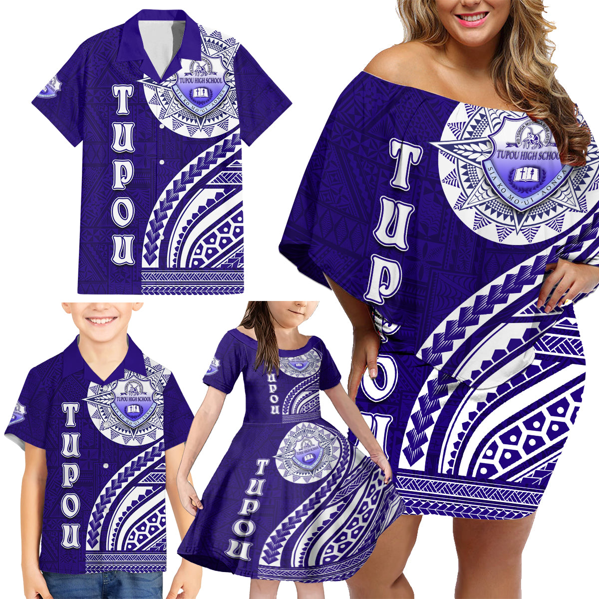 Tupou College Toloa Family Matching Off Shoulder Short Dress and Hawaiian Shirt Ngatu and Polynesian Pattern LT03 - Polynesian Pride
