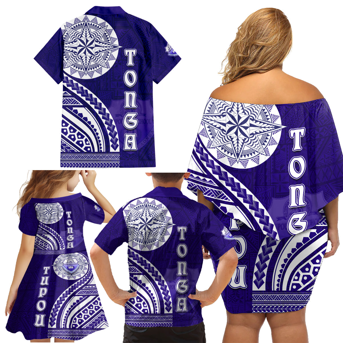 Tupou College Toloa Family Matching Off Shoulder Short Dress and Hawaiian Shirt Ngatu and Polynesian Pattern LT03 - Polynesian Pride