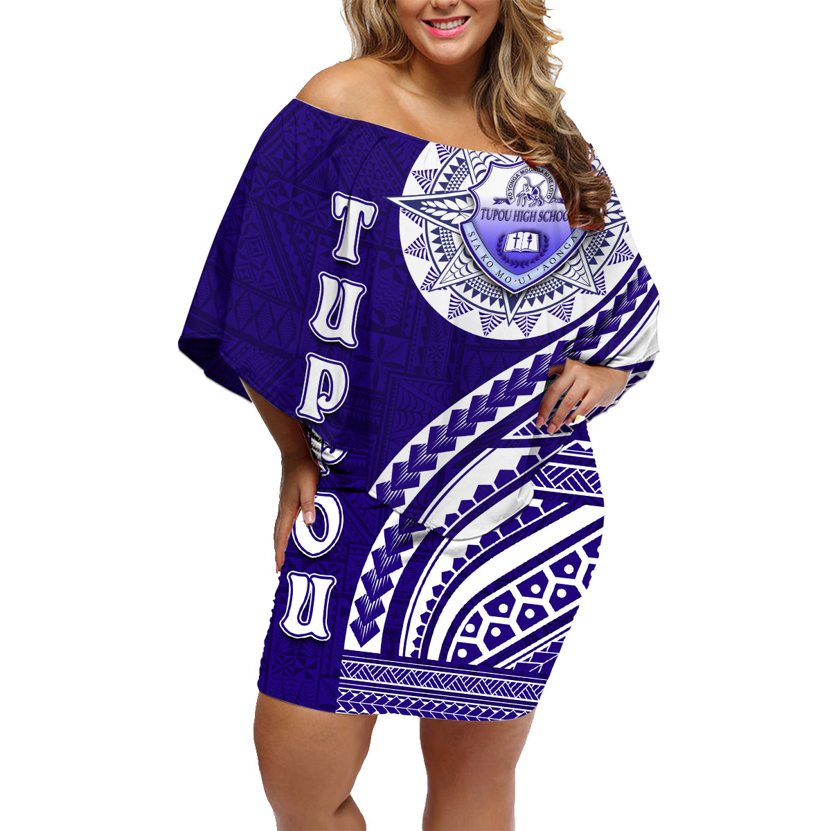Tupou College Toloa Family Matching Off Shoulder Short Dress and Hawaiian Shirt Ngatu and Polynesian Pattern LT03 Mom's Dress Blue - Polynesian Pride
