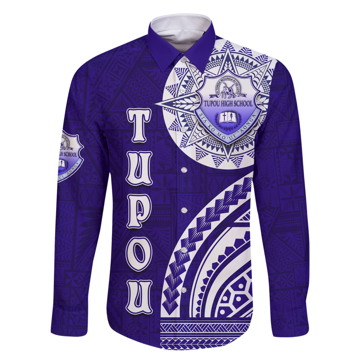 Tupou College Toloa Family Matching Puletasi and Hawaiian Shirt Ngatu and Polynesian Pattern LT03 Dad's Shirt - Long Sleeve Blue - Polynesian Pride