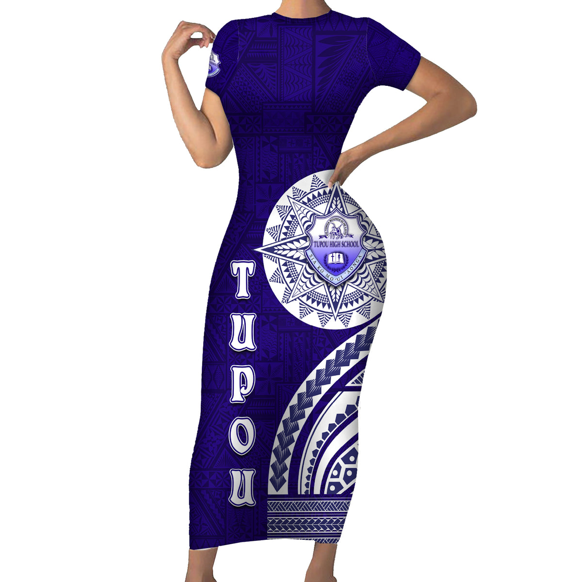 Tupou College Toloa Family Matching Short Sleeve Bodycon Dress and Hawaiian Shirt Ngatu and Polynesian Pattern LT03 Mom's Dress Blue - Polynesian Pride