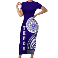 Tupou College Toloa Family Matching Short Sleeve Bodycon Dress and Hawaiian Shirt Ngatu and Polynesian Pattern LT03 Mom's Dress Blue - Polynesian Pride