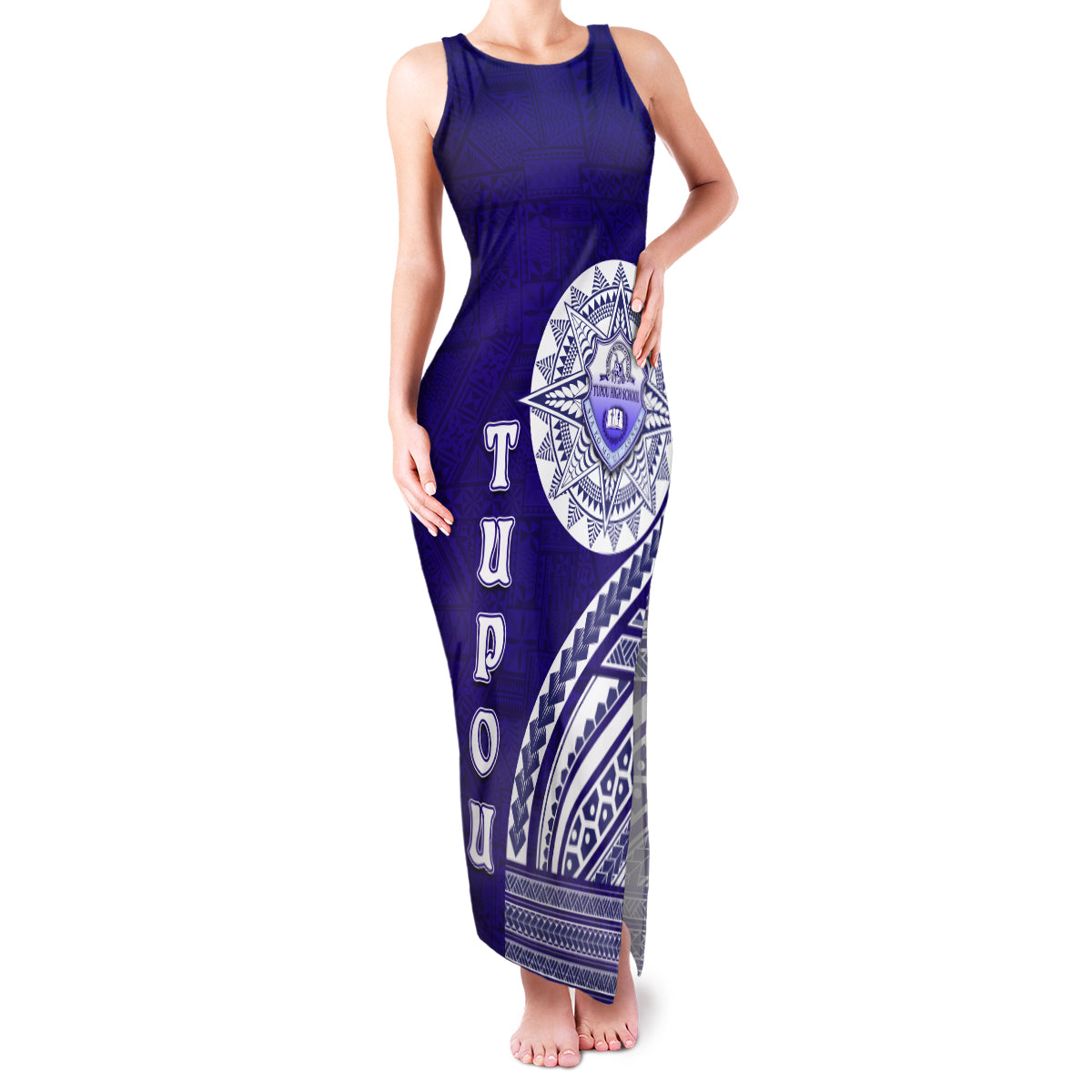 Tupou College Toloa Family Matching Tank Maxi Dress and Hawaiian Shirt Ngatu and Polynesian Pattern LT03 Mom's Dress Blue - Polynesian Pride