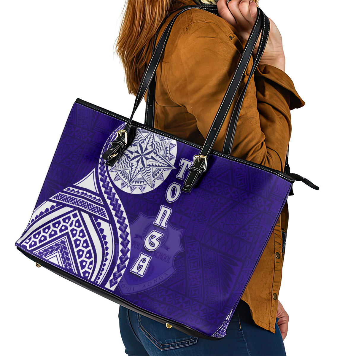 Tupou College Toloa Leather Tote Bag Ngatu and Polynesian Pattern