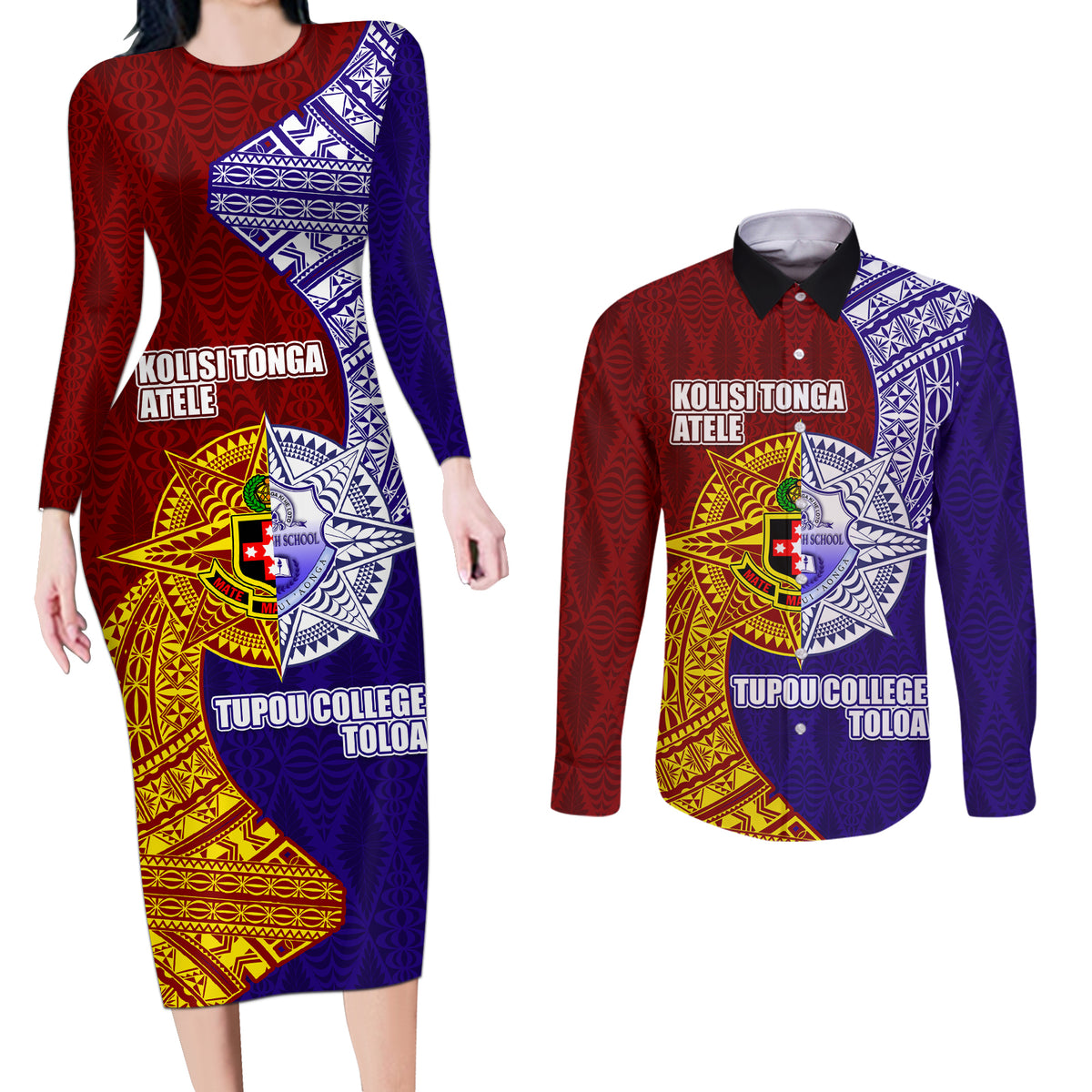 Kolisi Tonga Atele and Tupou College Toloa Couples Matching Long Sleeve Bodycon Dress and Long Sleeve Button Shirt Ngatu and Polynesian Spiral Pattern LT03 Red - Polynesian Pride