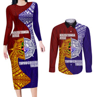 Kolisi Tonga Atele and Tupou College Toloa Couples Matching Long Sleeve Bodycon Dress and Long Sleeve Button Shirt Ngatu and Polynesian Spiral Pattern LT03 Red - Polynesian Pride