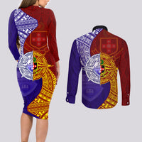 Kolisi Tonga Atele and Tupou College Toloa Couples Matching Long Sleeve Bodycon Dress and Long Sleeve Button Shirt Ngatu and Polynesian Spiral Pattern LT03 - Polynesian Pride