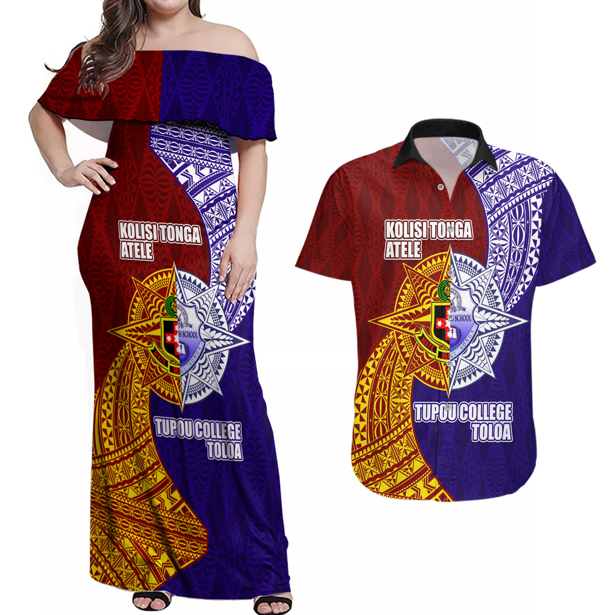 Kolisi Tonga Atele and Tupou College Toloa Couples Matching Off Shoulder Maxi Dress and Hawaiian Shirt Ngatu and Polynesian Spiral Pattern LT03 Red - Polynesian Pride