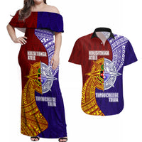 Kolisi Tonga Atele and Tupou College Toloa Couples Matching Off Shoulder Maxi Dress and Hawaiian Shirt Ngatu and Polynesian Spiral Pattern LT03 Red - Polynesian Pride