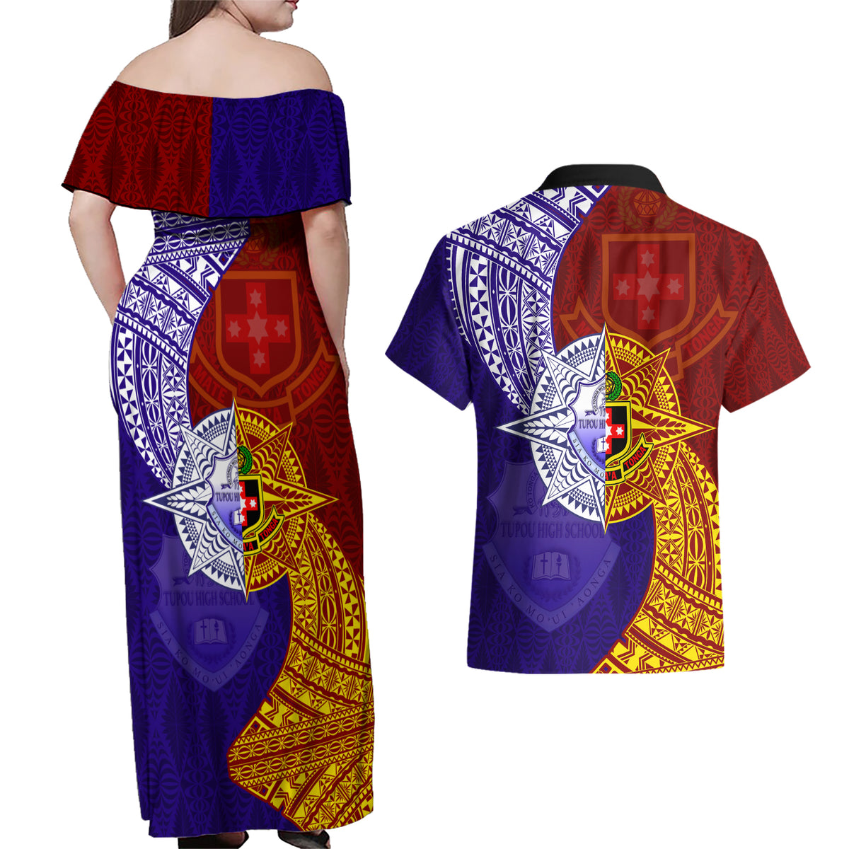 Kolisi Tonga Atele and Tupou College Toloa Couples Matching Off Shoulder Maxi Dress and Hawaiian Shirt Ngatu and Polynesian Spiral Pattern LT03 - Polynesian Pride
