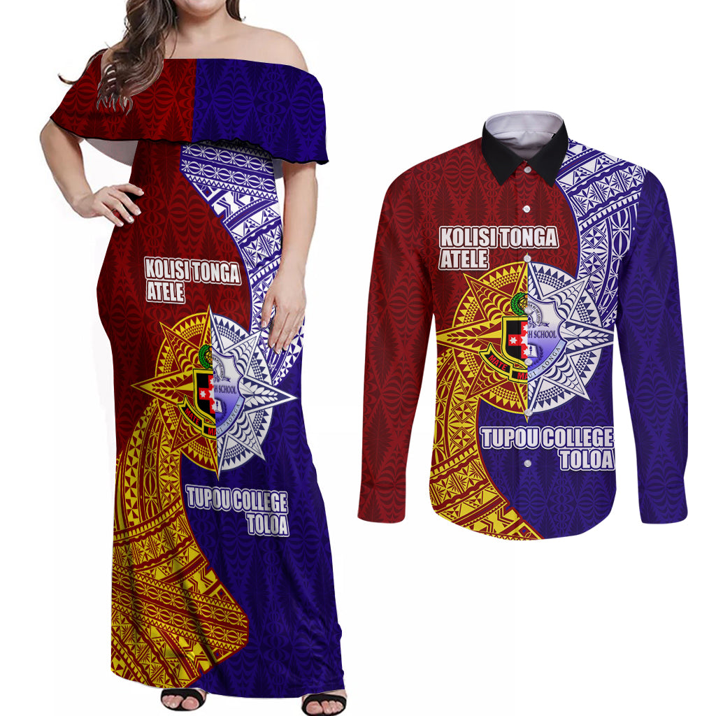Kolisi Tonga Atele and Tupou College Toloa Couples Matching Off Shoulder Maxi Dress and Long Sleeve Button Shirt Ngatu and Polynesian Spiral Pattern LT03 Red - Polynesian Pride