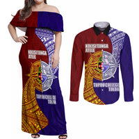 Kolisi Tonga Atele and Tupou College Toloa Couples Matching Off Shoulder Maxi Dress and Long Sleeve Button Shirt Ngatu and Polynesian Spiral Pattern LT03 Red - Polynesian Pride