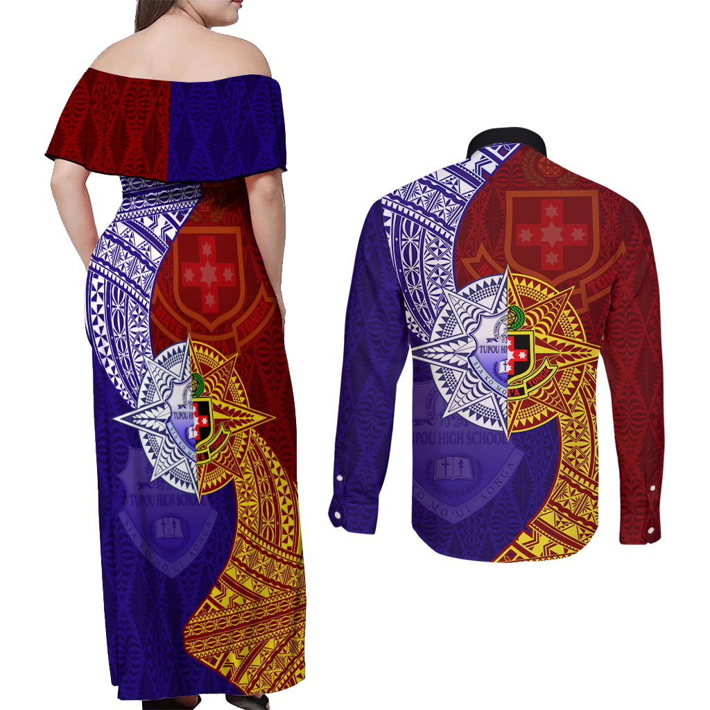 Kolisi Tonga Atele and Tupou College Toloa Couples Matching Off Shoulder Maxi Dress and Long Sleeve Button Shirt Ngatu and Polynesian Spiral Pattern LT03 - Polynesian Pride