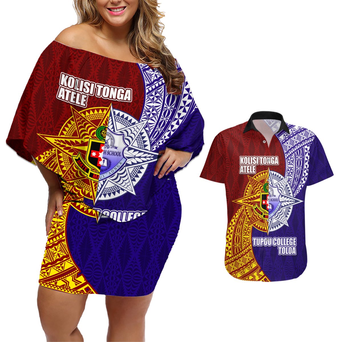 Kolisi Tonga Atele and Tupou College Toloa Couples Matching Off Shoulder Short Dress and Hawaiian Shirt Ngatu and Polynesian Spiral Pattern LT03 Red - Polynesian Pride