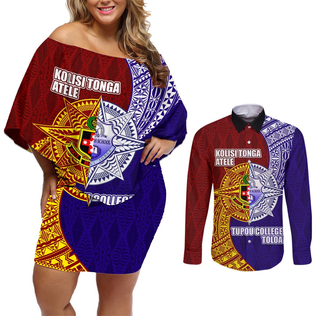 Kolisi Tonga Atele and Tupou College Toloa Couples Matching Off Shoulder Short Dress and Long Sleeve Button Shirt Ngatu and Polynesian Spiral Pattern LT03 Red - Polynesian Pride