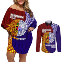Kolisi Tonga Atele and Tupou College Toloa Couples Matching Off Shoulder Short Dress and Long Sleeve Button Shirt Ngatu and Polynesian Spiral Pattern LT03 Red - Polynesian Pride