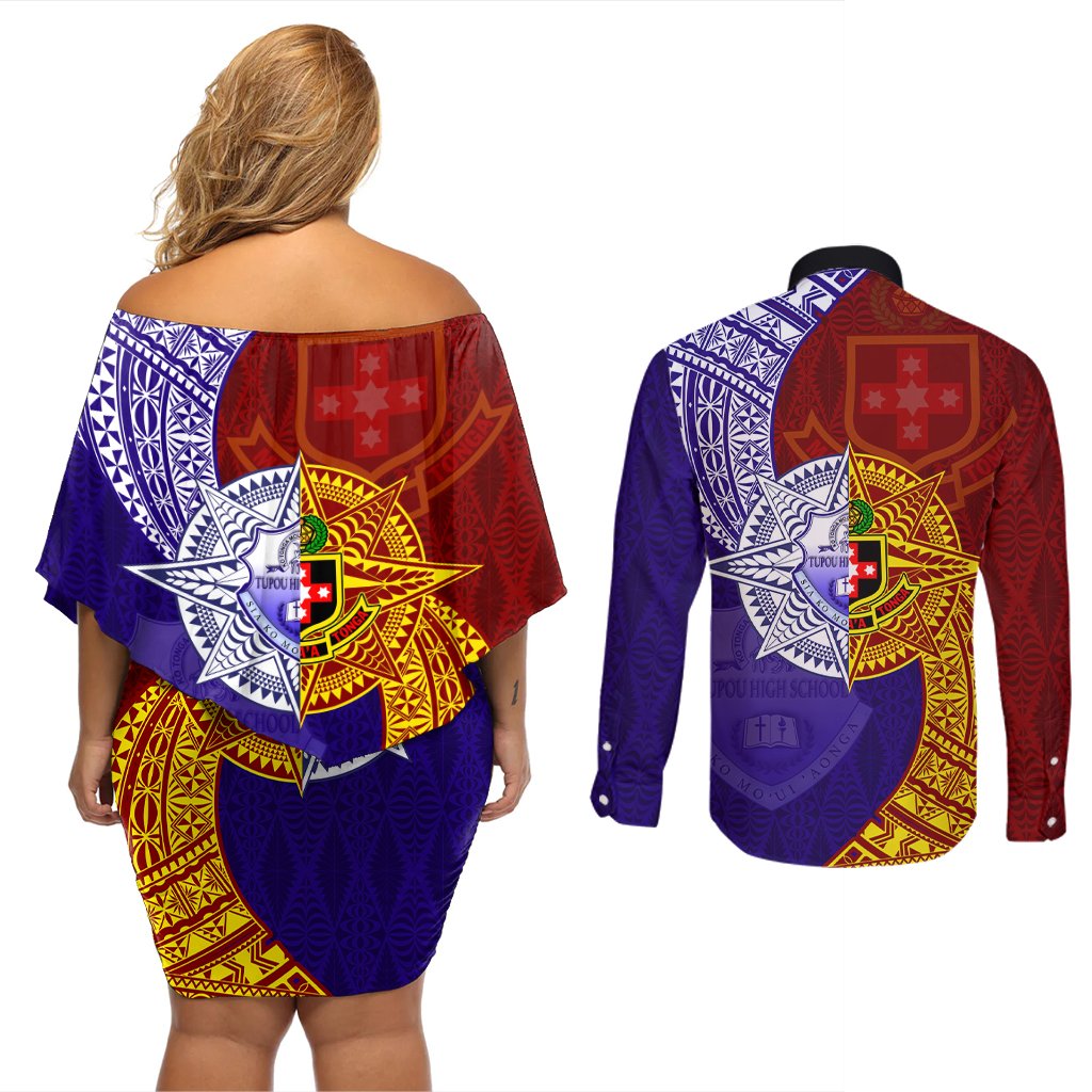 Kolisi Tonga Atele and Tupou College Toloa Couples Matching Off Shoulder Short Dress and Long Sleeve Button Shirt Ngatu and Polynesian Spiral Pattern LT03 - Polynesian Pride