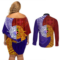 Kolisi Tonga Atele and Tupou College Toloa Couples Matching Off Shoulder Short Dress and Long Sleeve Button Shirt Ngatu and Polynesian Spiral Pattern LT03 - Polynesian Pride
