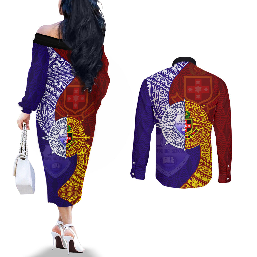 Kolisi Tonga Atele and Tupou College Toloa Couples Matching Off The Shoulder Long Sleeve Dress and Long Sleeve Button Shirt Ngatu and Polynesian Spiral Pattern LT03 - Polynesian Pride