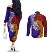 Kolisi Tonga Atele and Tupou College Toloa Couples Matching Off The Shoulder Long Sleeve Dress and Long Sleeve Button Shirt Ngatu and Polynesian Spiral Pattern LT03 - Polynesian Pride