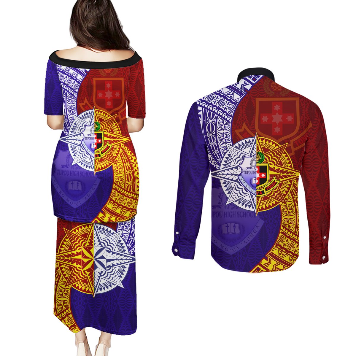Kolisi Tonga Atele and Tupou College Toloa Couples Matching Puletasi and Long Sleeve Button Shirt Ngatu and Polynesian Spiral Pattern