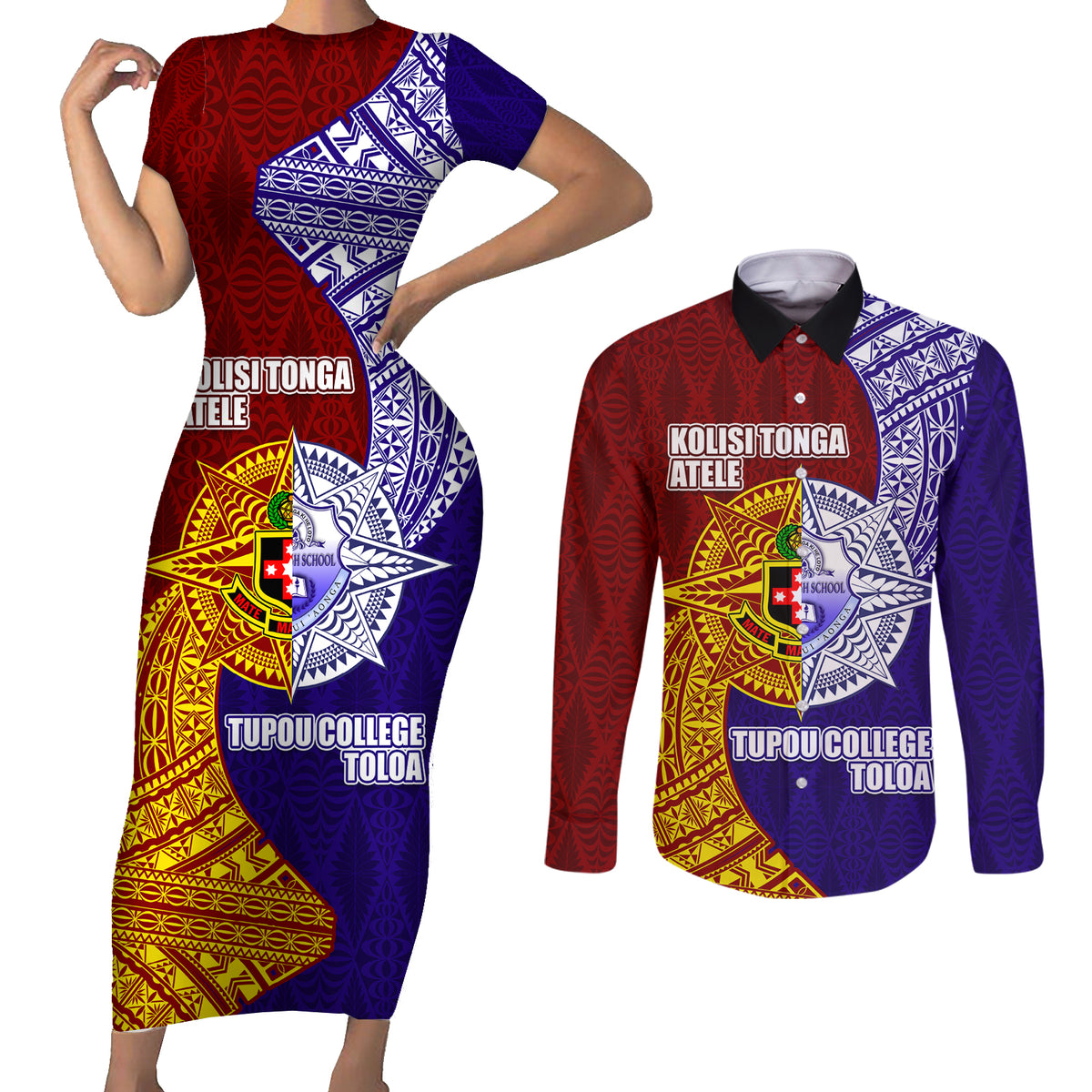 Kolisi Tonga Atele and Tupou College Toloa Couples Matching Short Sleeve Bodycon Dress and Long Sleeve Button Shirt Ngatu and Polynesian Spiral Pattern LT03 Red - Polynesian Pride