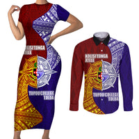 Kolisi Tonga Atele and Tupou College Toloa Couples Matching Short Sleeve Bodycon Dress and Long Sleeve Button Shirt Ngatu and Polynesian Spiral Pattern LT03 Red - Polynesian Pride