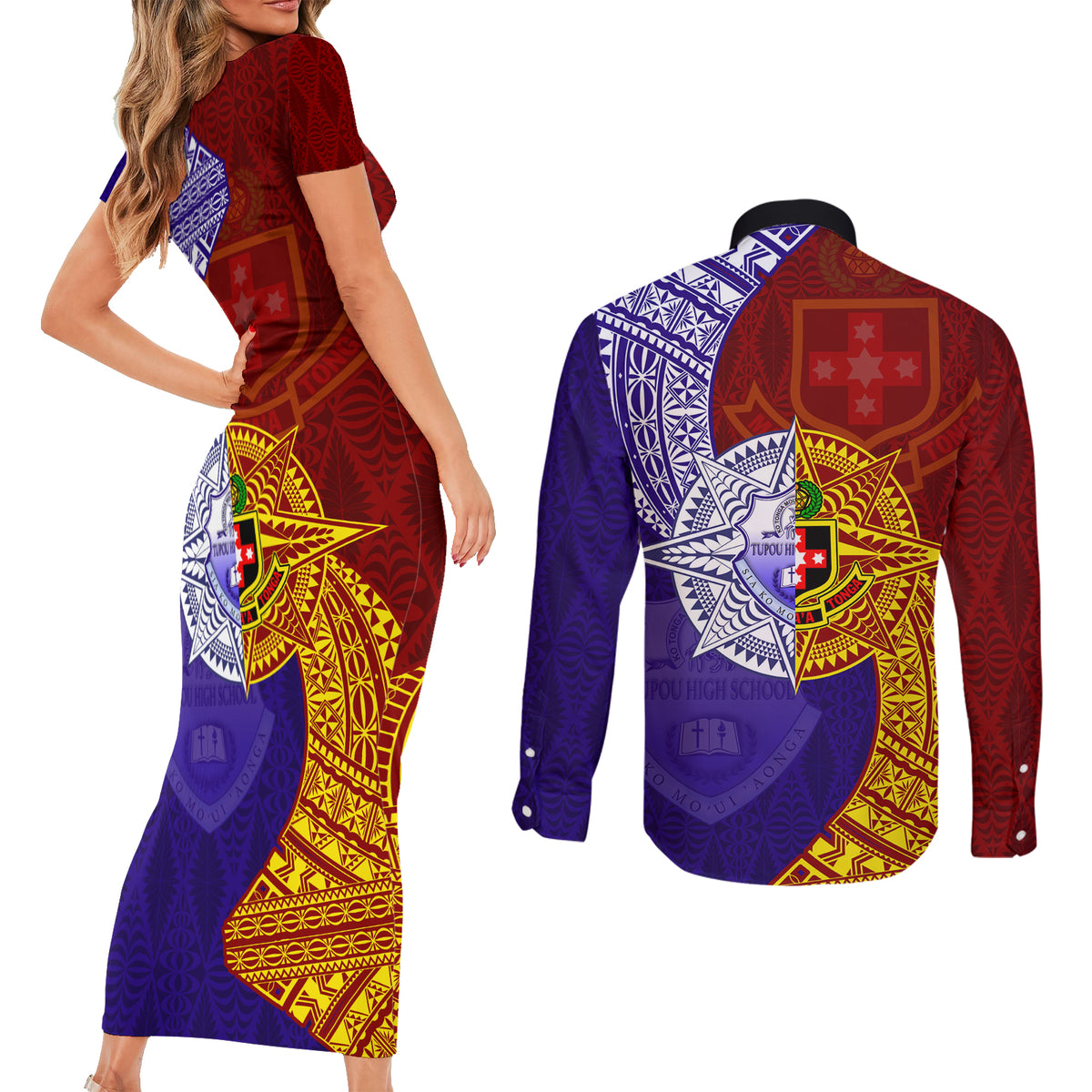 Kolisi Tonga Atele and Tupou College Toloa Couples Matching Short Sleeve Bodycon Dress and Long Sleeve Button Shirt Ngatu and Polynesian Spiral Pattern LT03 - Polynesian Pride