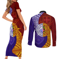 Kolisi Tonga Atele and Tupou College Toloa Couples Matching Short Sleeve Bodycon Dress and Long Sleeve Button Shirt Ngatu and Polynesian Spiral Pattern LT03 - Polynesian Pride
