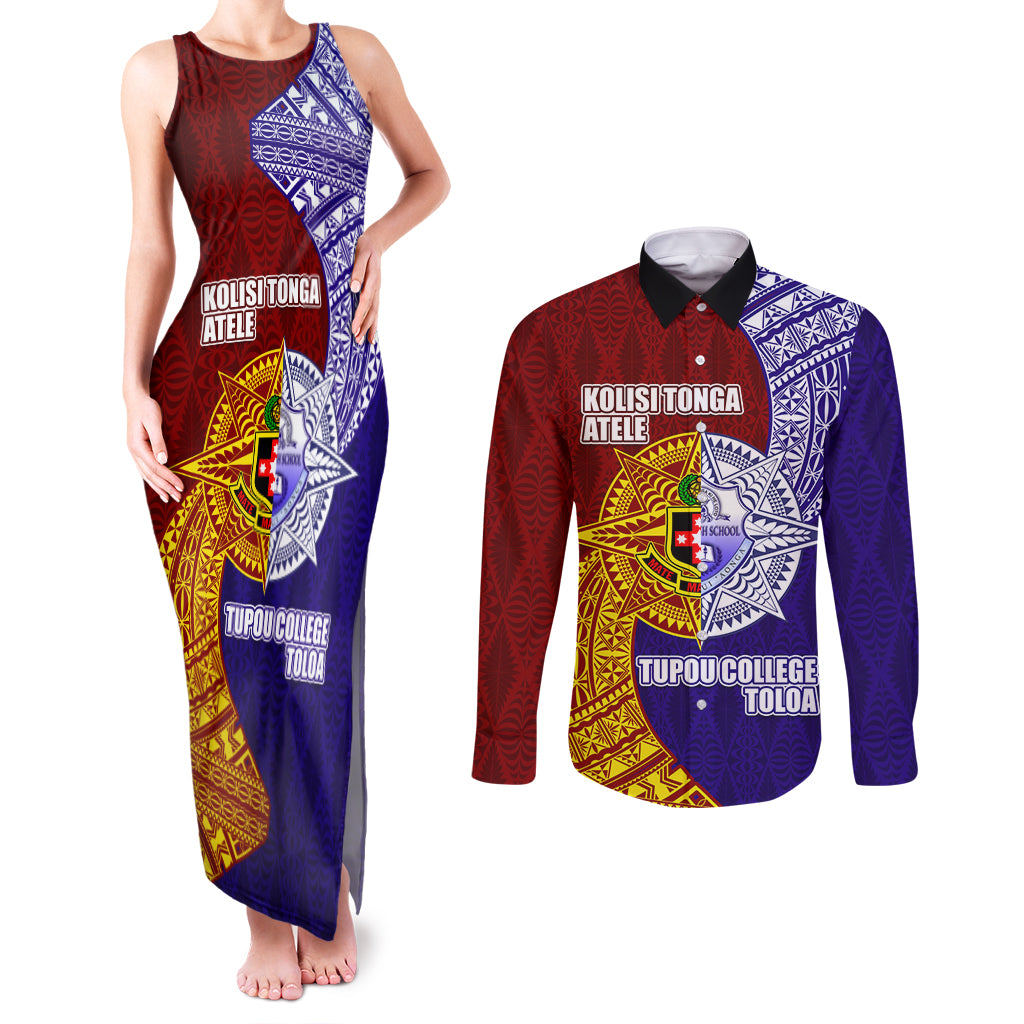 Kolisi Tonga Atele and Tupou College Toloa Couples Matching Tank Maxi Dress and Long Sleeve Button Shirt Ngatu and Polynesian Spiral Pattern LT03 Red - Polynesian Pride