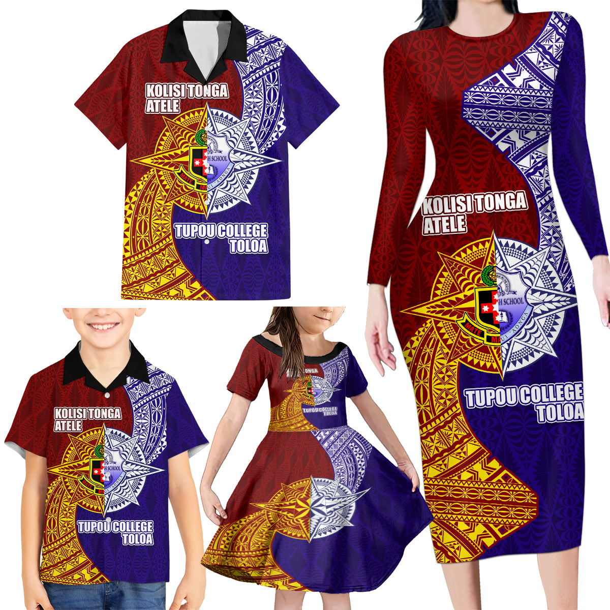 Kolisi Tonga Atele and Tupou College Toloa Family Matching Long Sleeve Bodycon Dress and Hawaiian Shirt Ngatu and Polynesian Spiral Pattern LT03 - Polynesian Pride